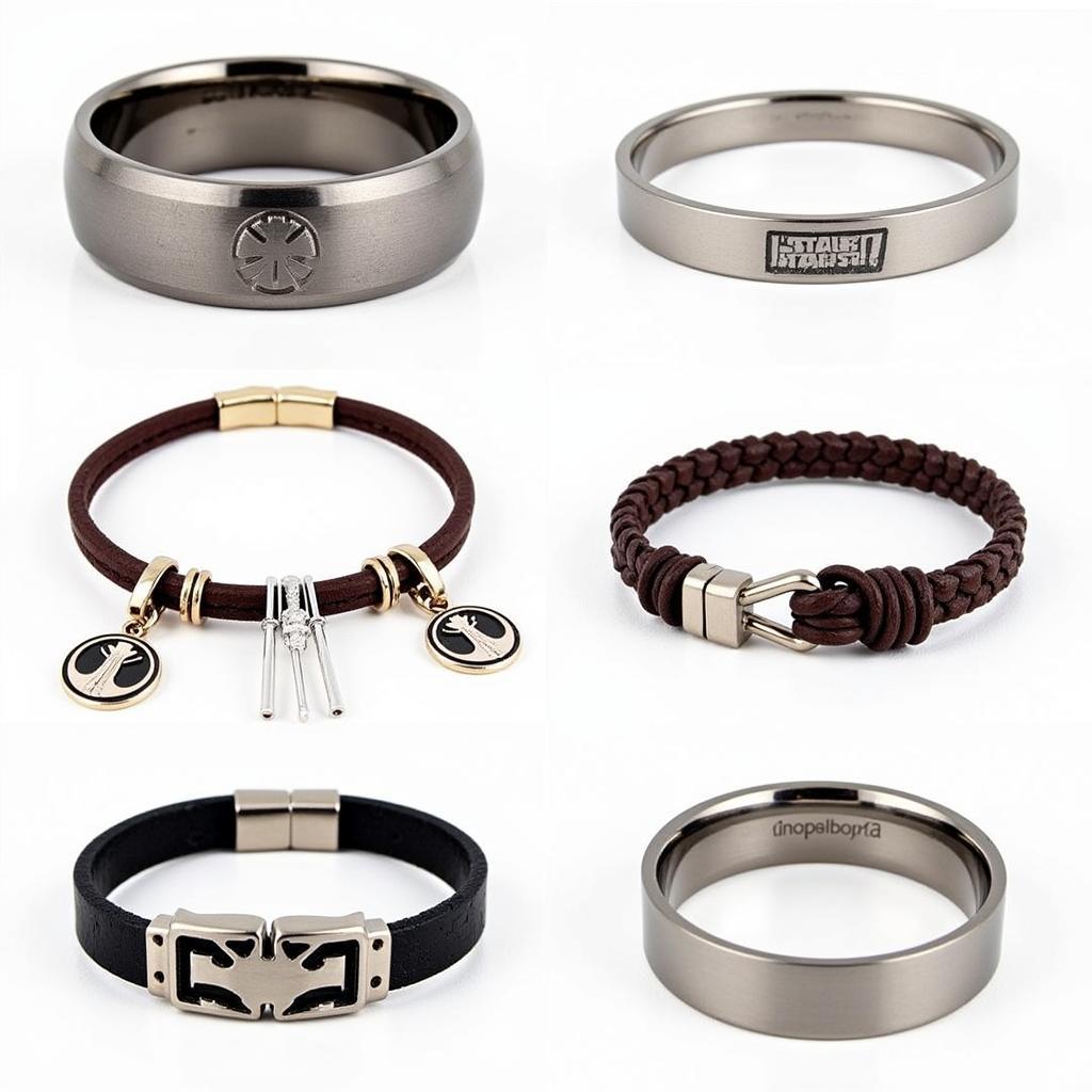 Men's Star Wars ring styles: Tungsten, leather, and titanium bands with Star Wars engravings.