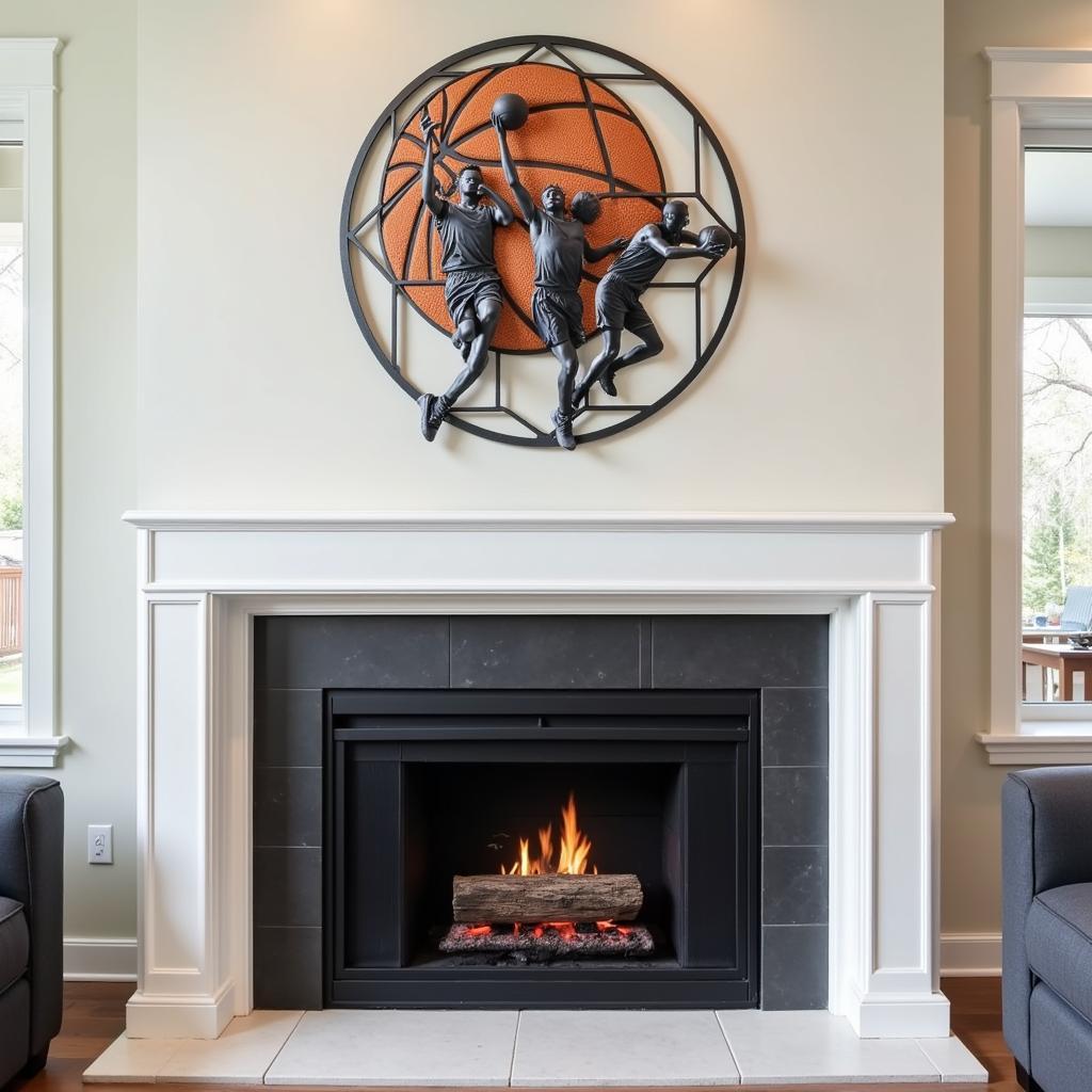 Metal basketball wall art displayed above a fireplace in a fan cave