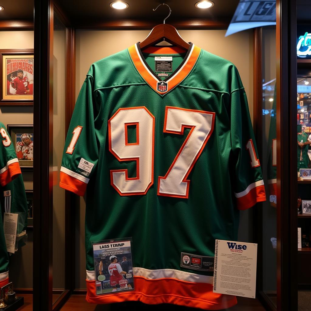 Miami Hurricanes nights jersey on display in a sports memorabilia shop.