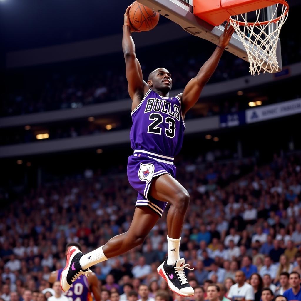 Michael Jordan Dominating the Court in Purple and Black Jordan 6s