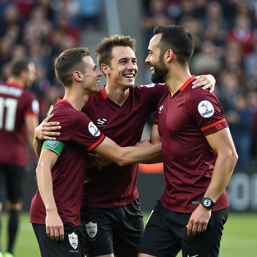 Michael Sim celebrating a victory with his teammates, highlighting his team spirit.