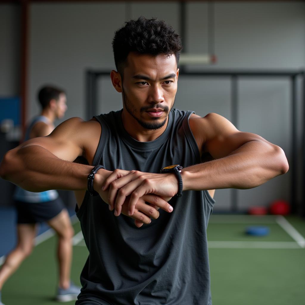 Michael Sim intensely focused during a training session.