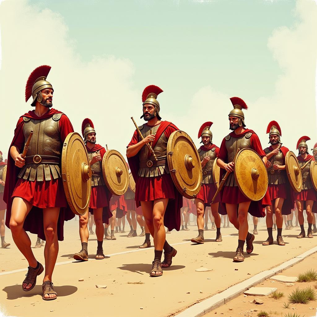 Ancient Roman soldiers marching to the beat of drums