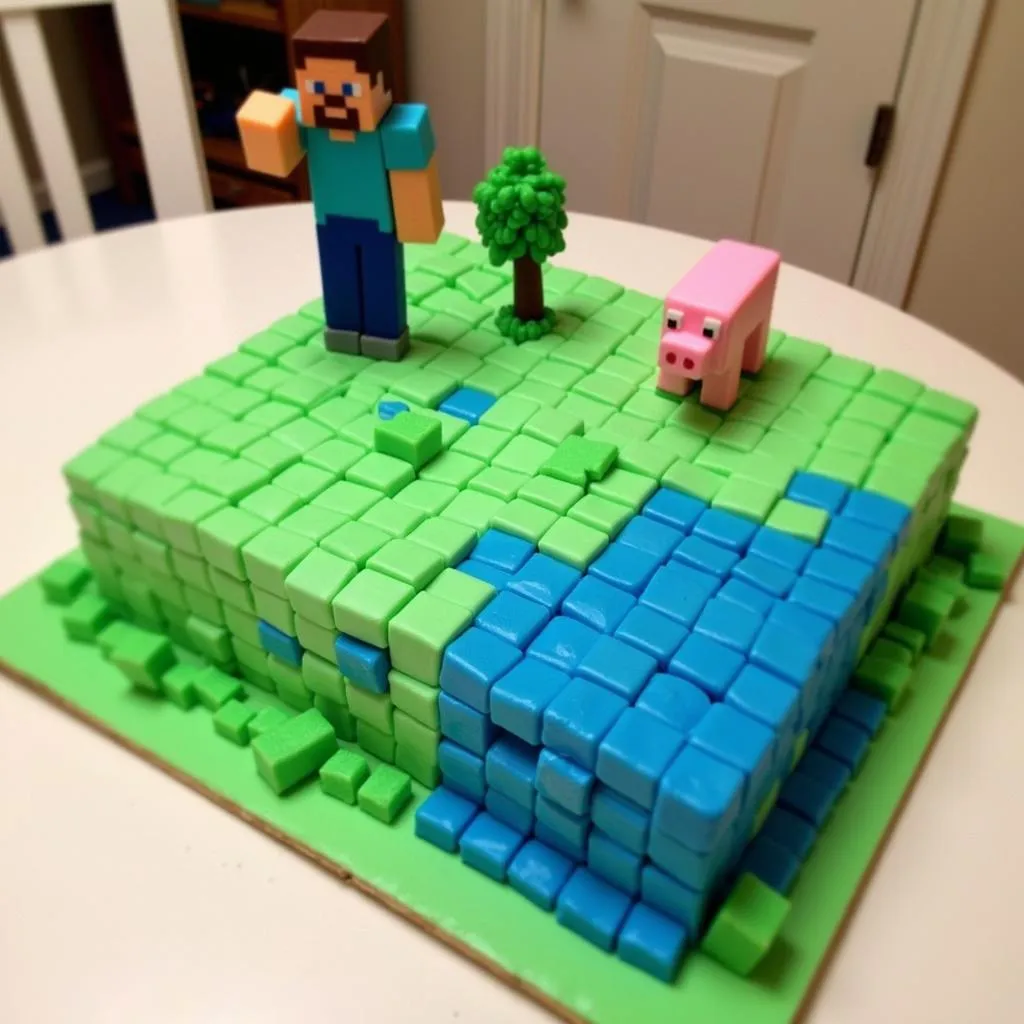 Minecraft-themed cake with fondant characters and pixelated details