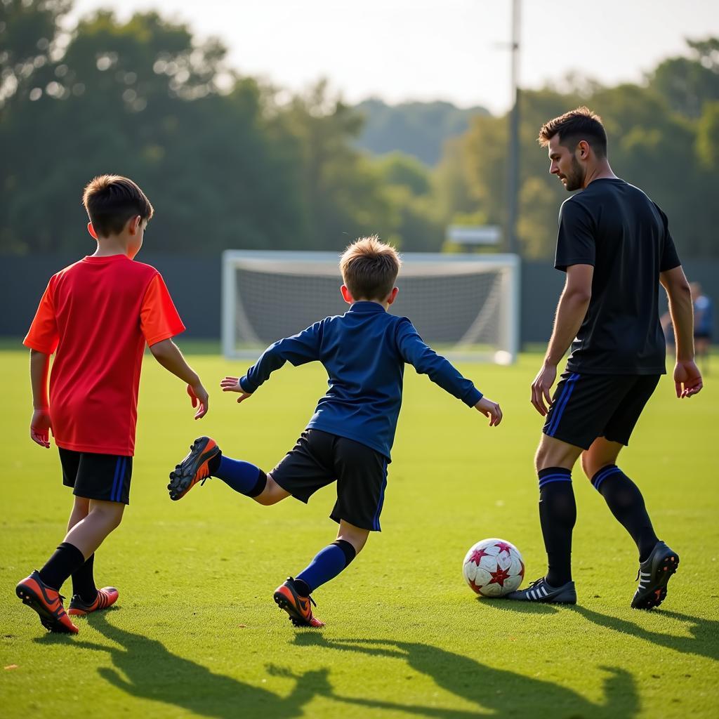 Young players participate in a mini maac football training session