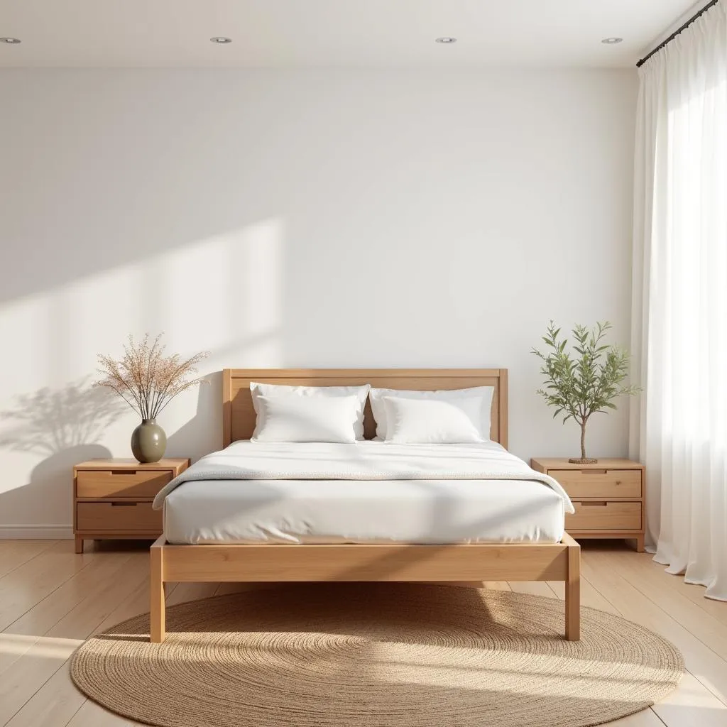 Minimalistic Swedish bedroom with wooden furniture