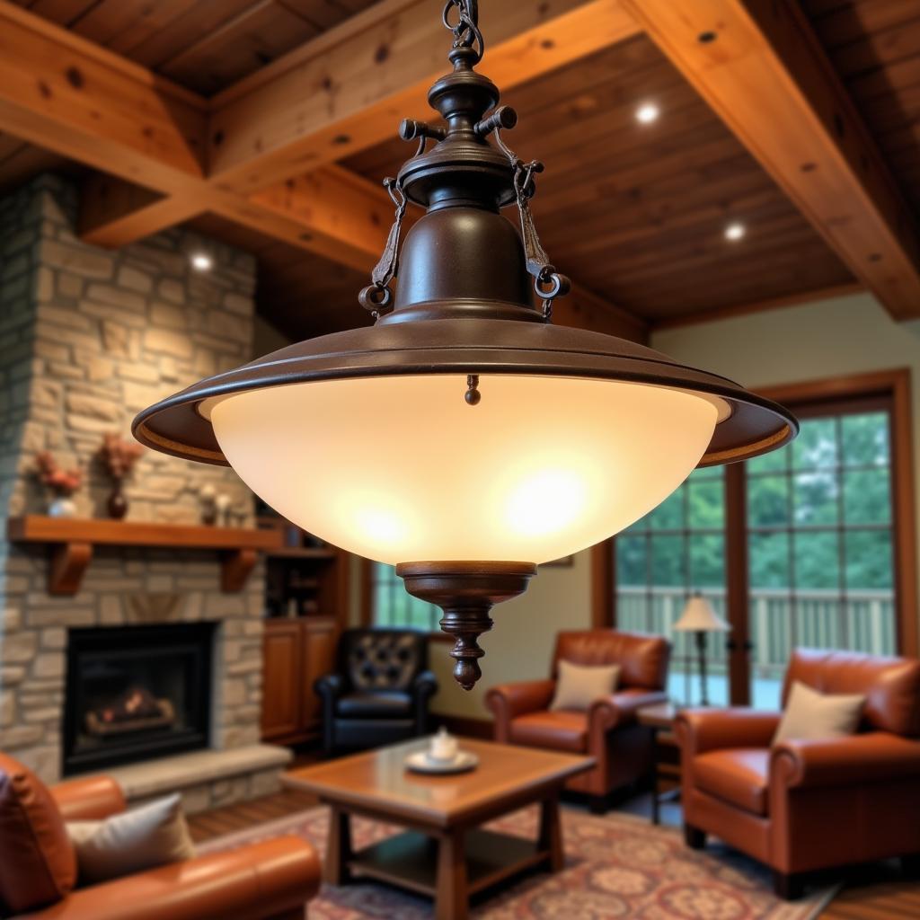 Mission style ceiling light illuminating a cozy living room