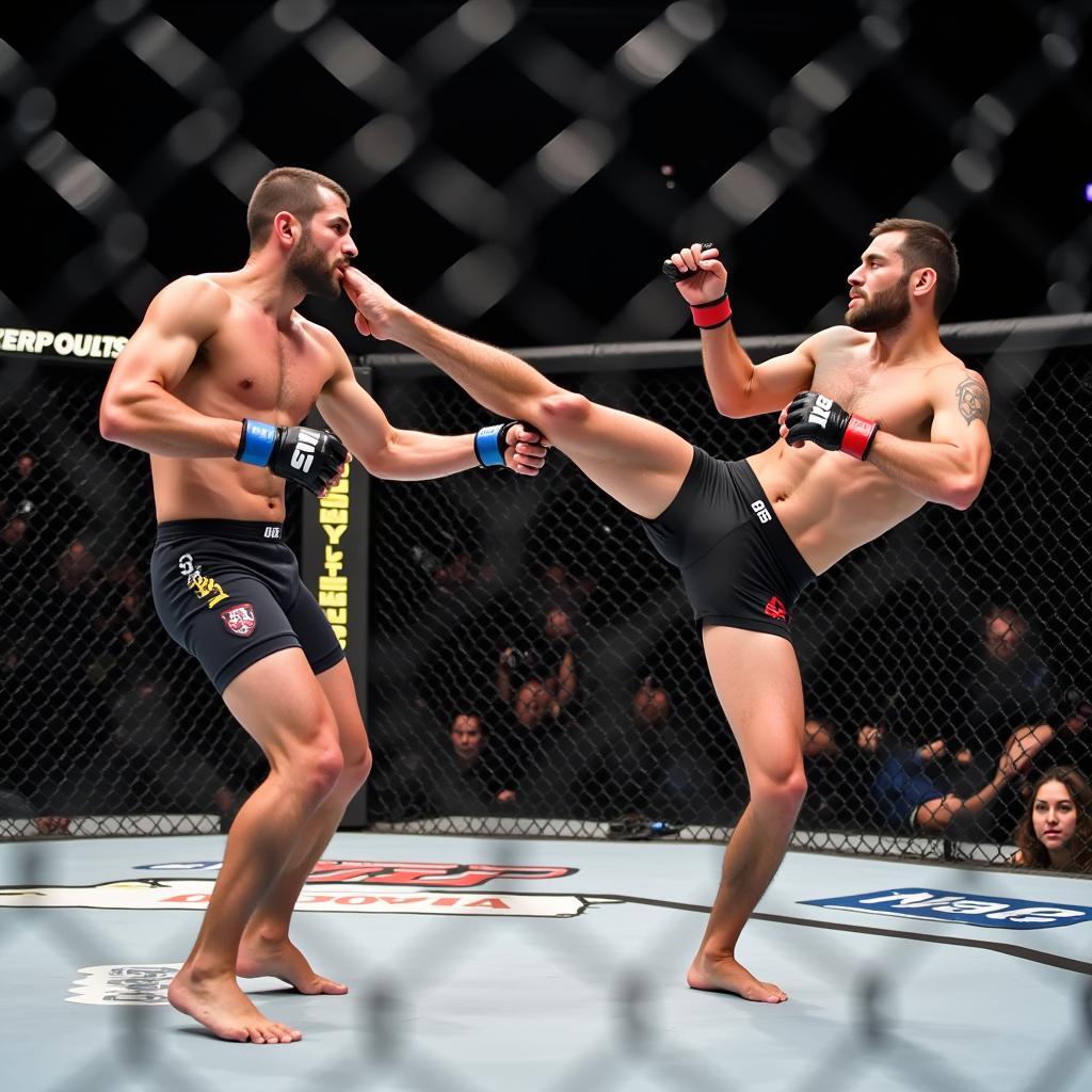 Two MMA fighters battling in the octagon