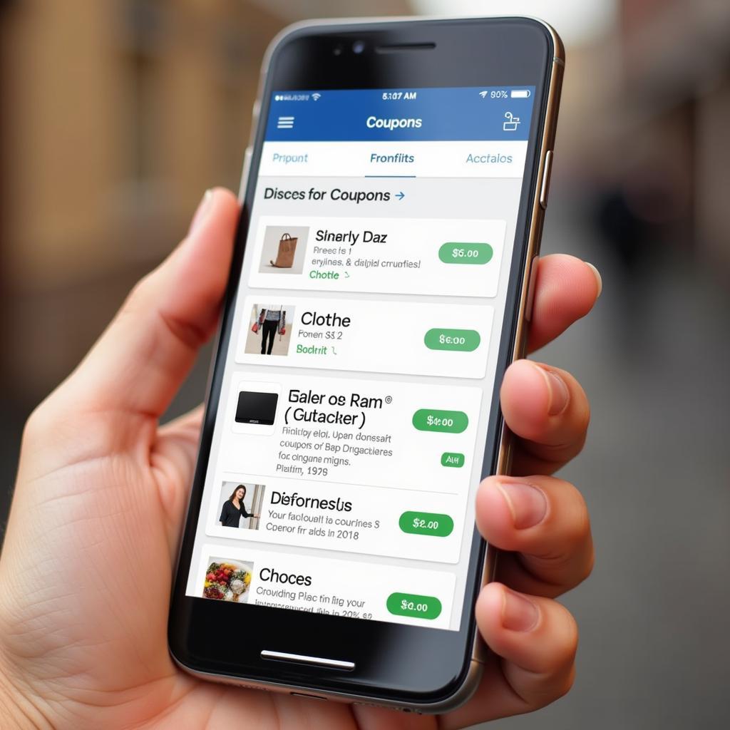 Smartphone displaying a discount app with various coupons