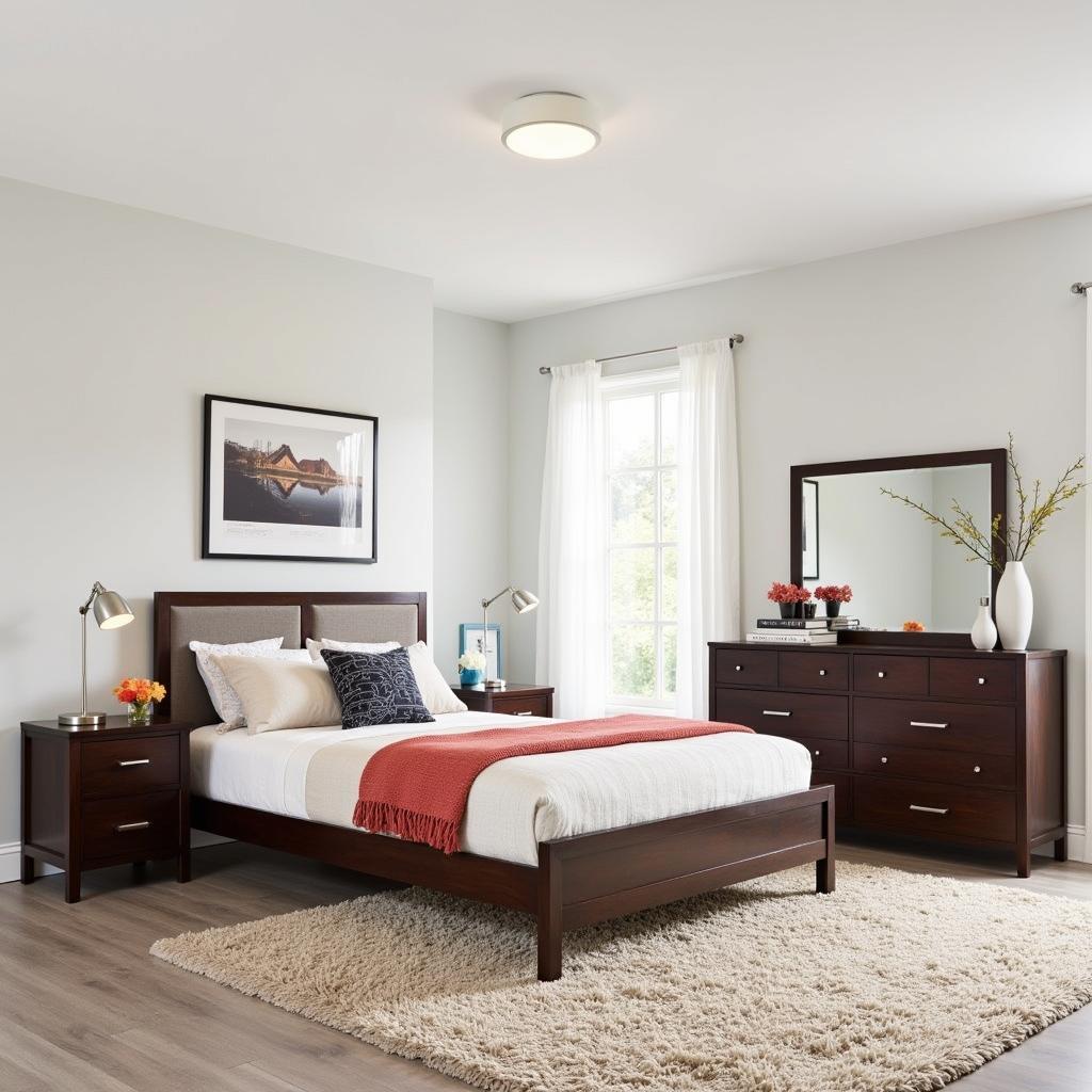 Modern bedroom furniture set with platform bed, nightstands, and dresser.