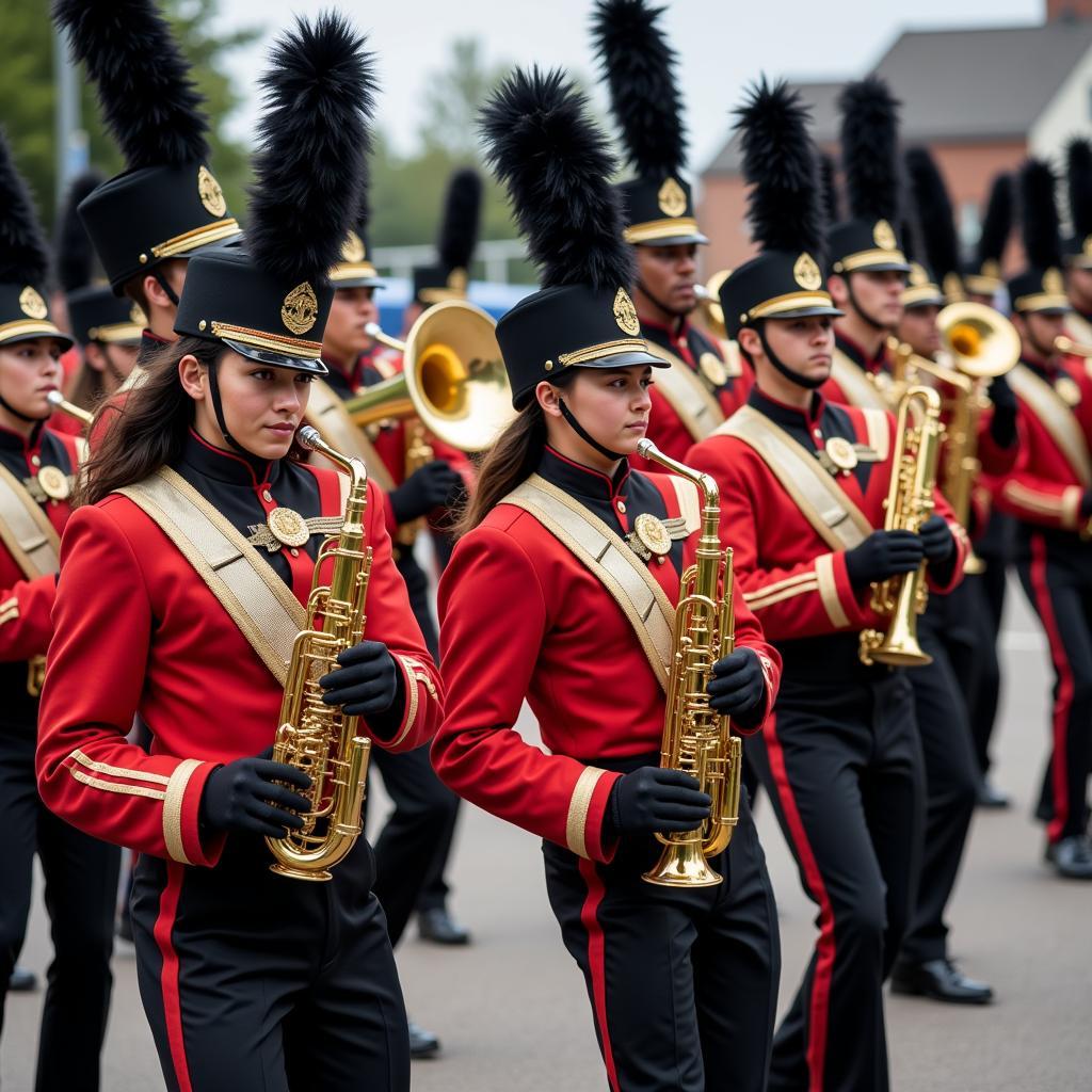 A modern marching band performing with energy and precision