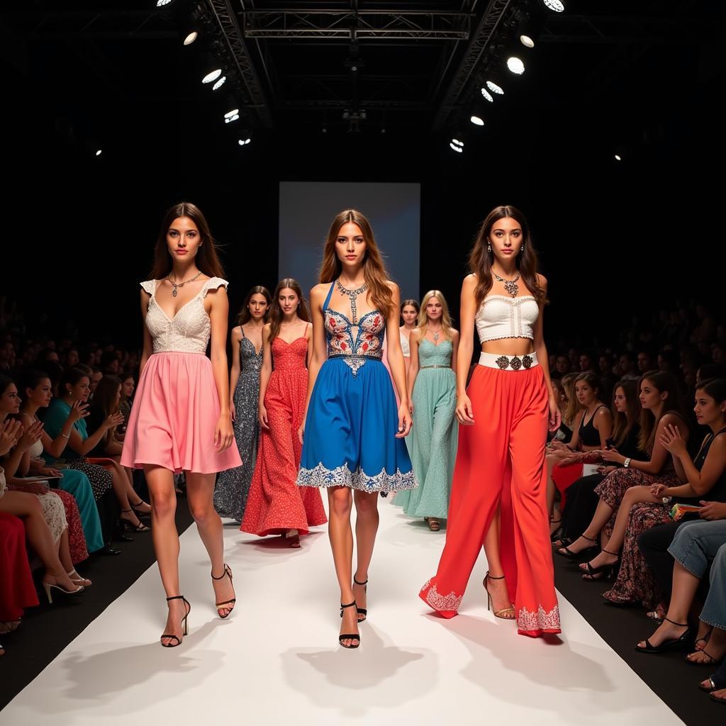 Models showcasing modern takes on Mexican fashion dresses during a runway show