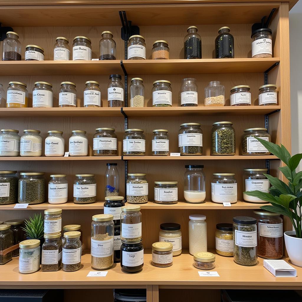 A modern pharmacy with a vintage aesthetic, showcasing herbs alongside medicines