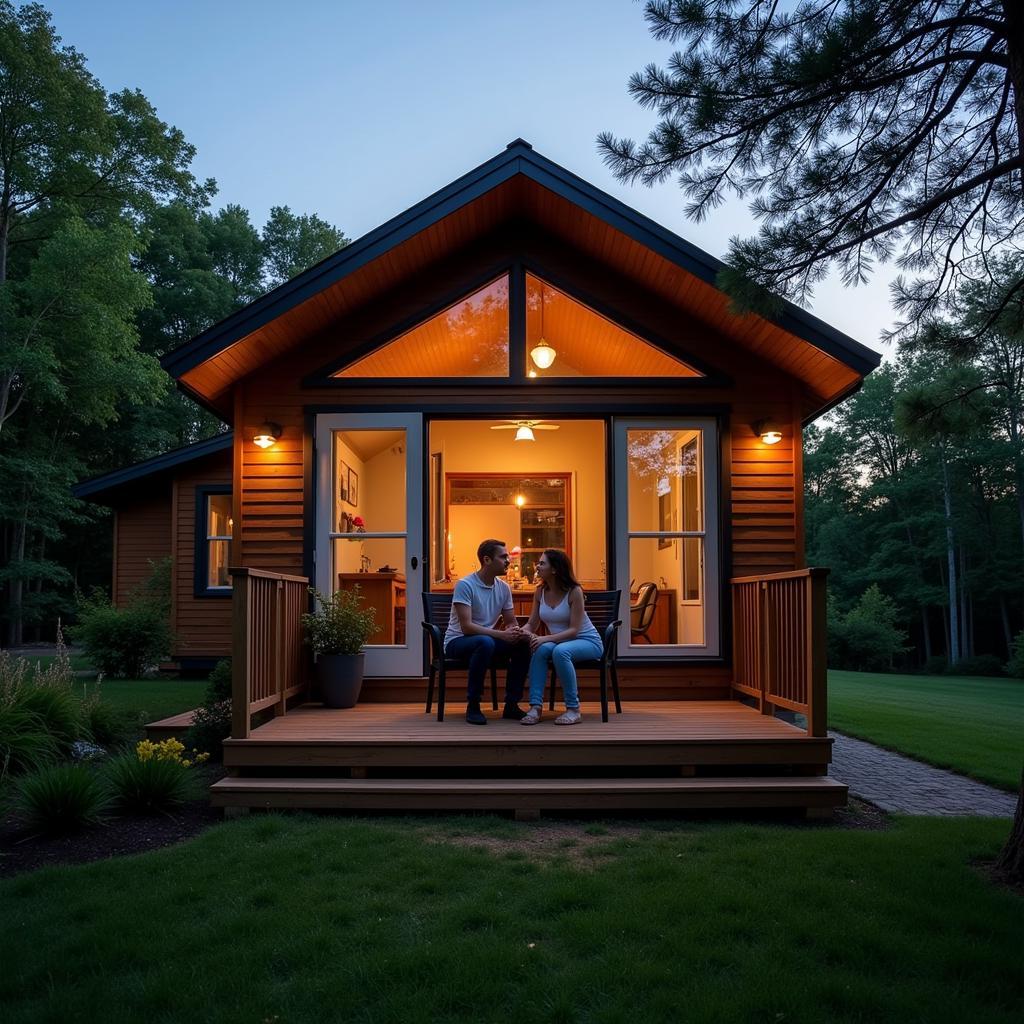 Happy Couple Relaxing in Front of their Mods Tiny Home