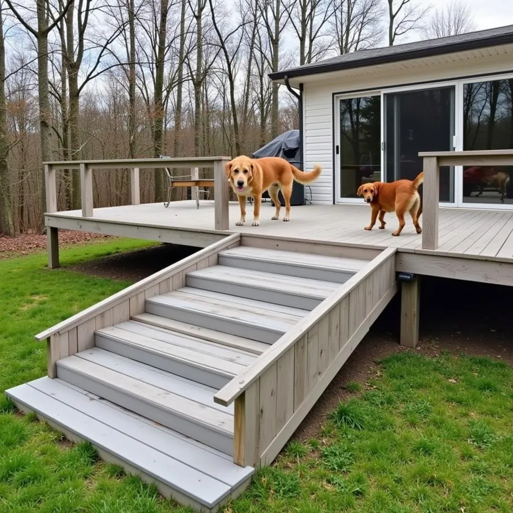 A multi-level dog deck with a gentle ramp