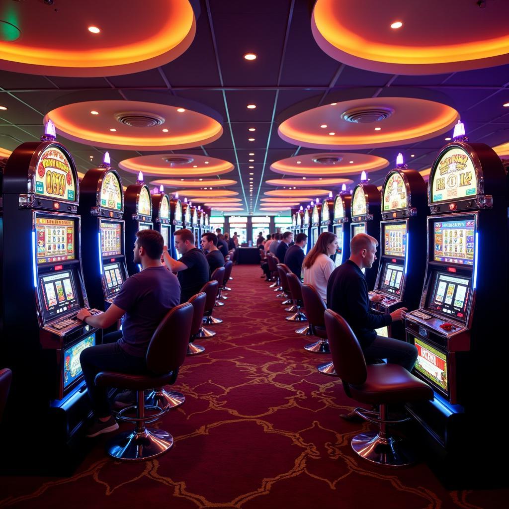 Classic naked slot machines on a bustling casino floor