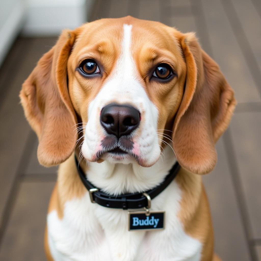 Naming your pet: A dog wearing a name tag with the name "Buddy".