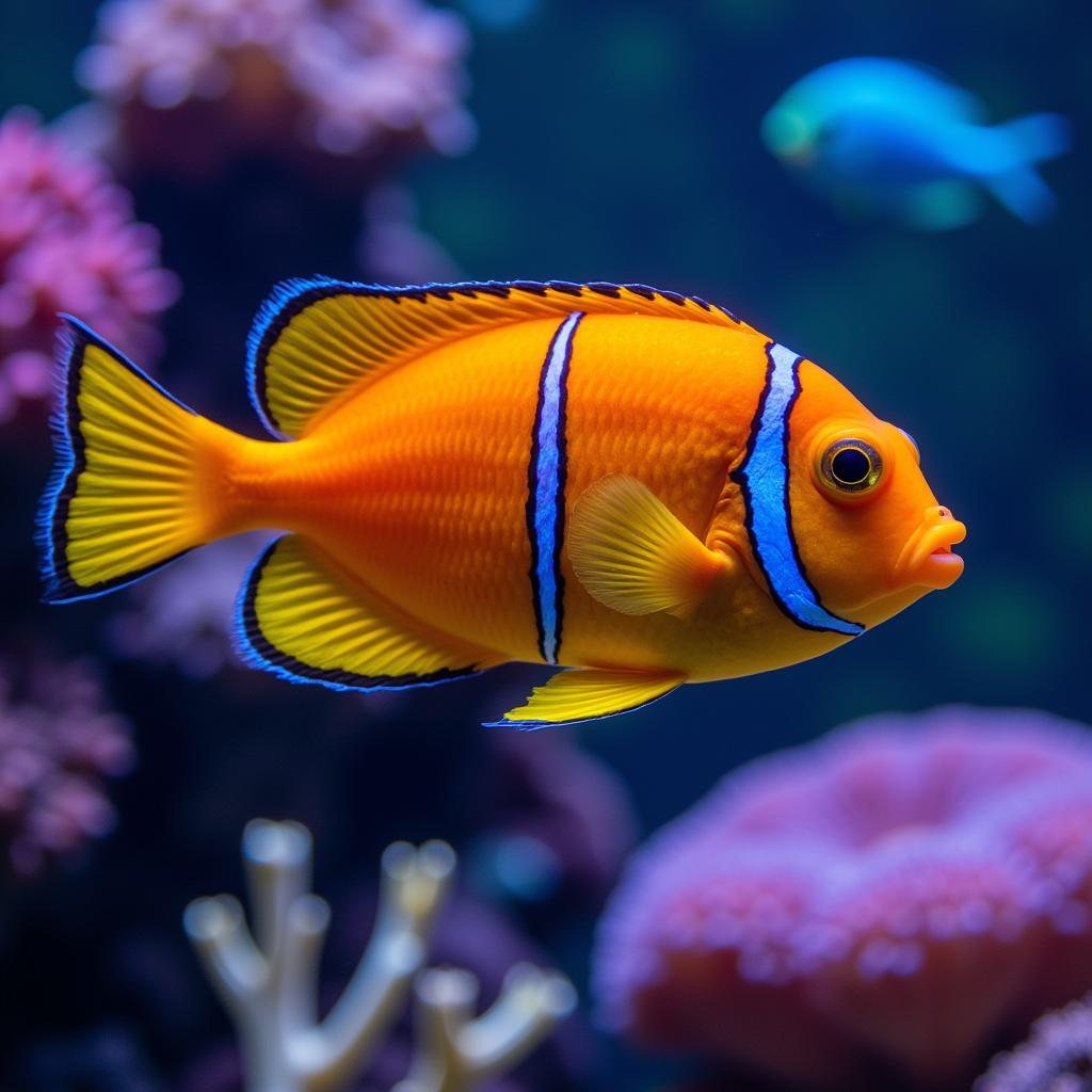 Neon angelfish swimming amongst coral