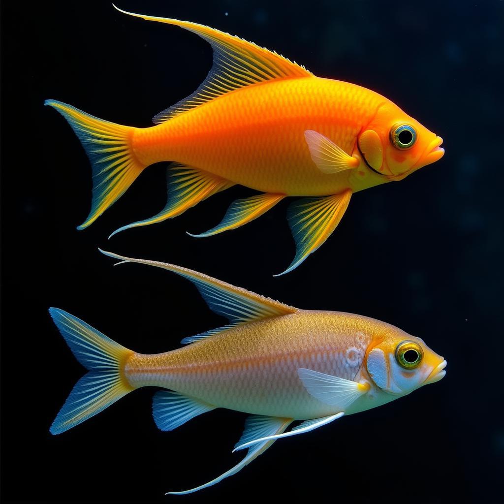 Male and female neon angelfish side-by-side