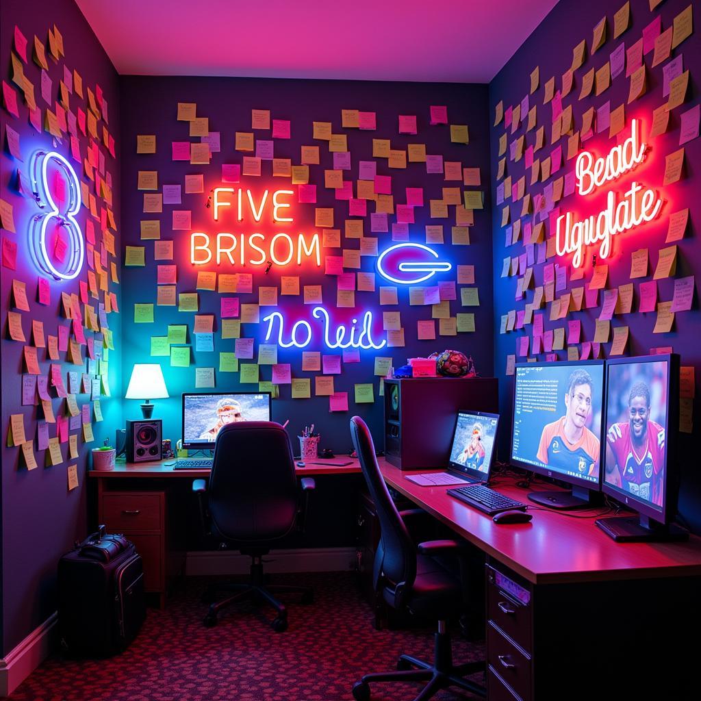 Sports fan using neon post-it notes to decorate their room