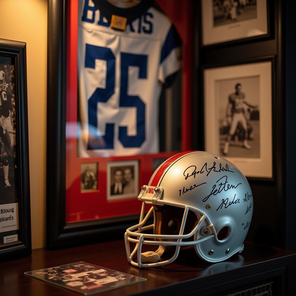 Showcase of NFL memorabilia with signed jerseys and helmets