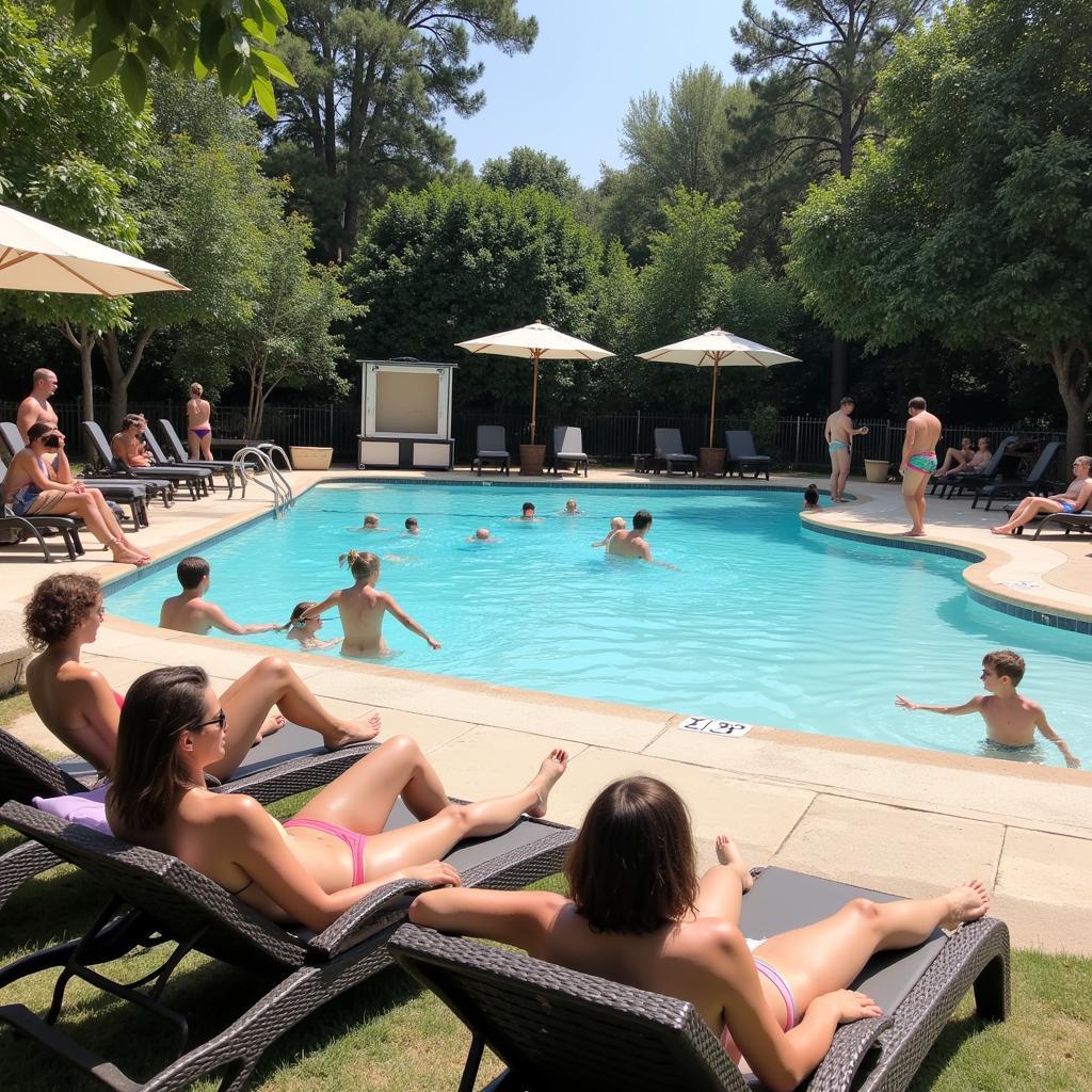 People relaxing by a pool at a naturist resort