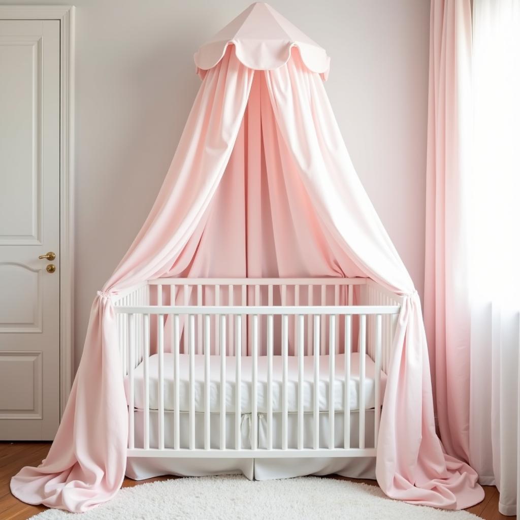 Dreamy Nursery with a Canopy: White Crib with a Flowing Draped Canopy in a Softly Lit Room