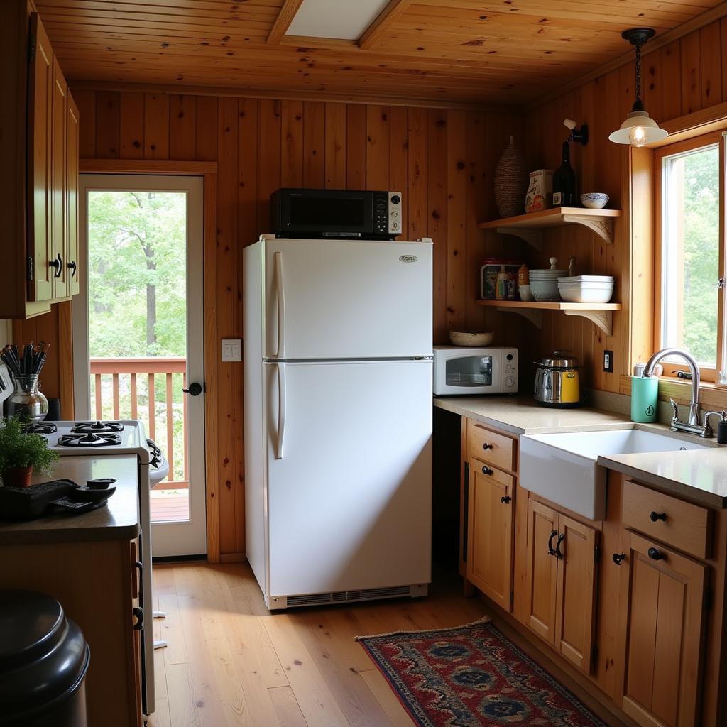 organized off-grid kitchen with efficient appliances