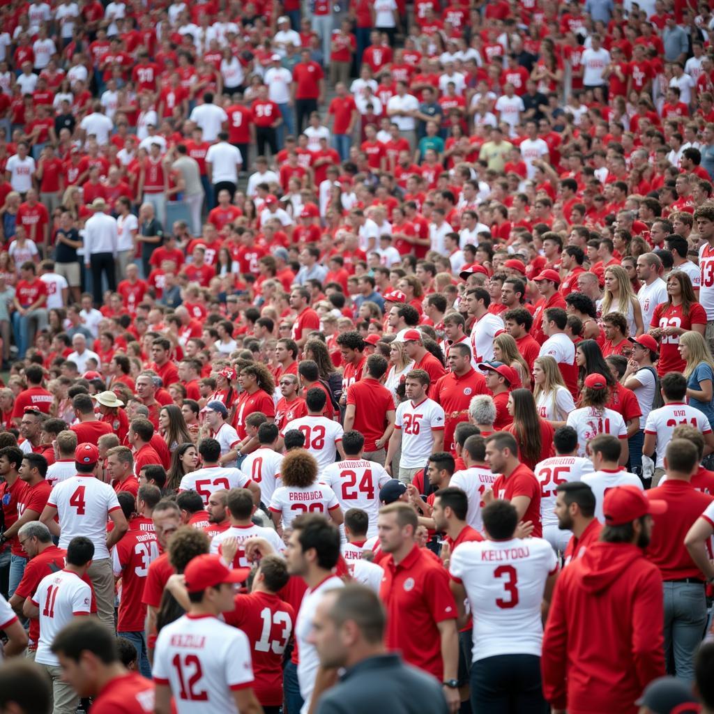 A diverse group of Ohio State fans proudly wearing the away jersey in the stands of a stadium.