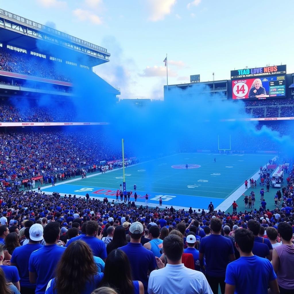 A panoramic view of the Ole Miss Rebels stadium filled with fans wearing powder blue, creating a sea of blue.