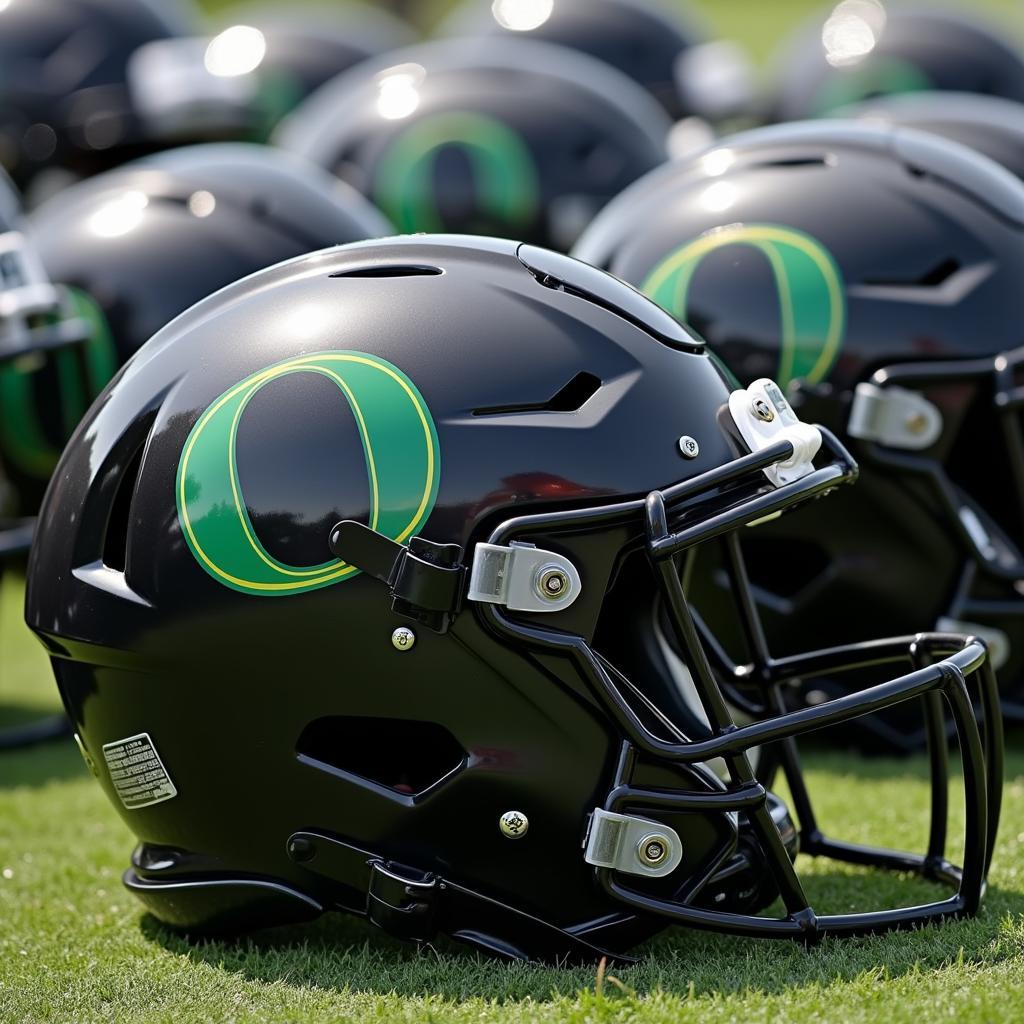 Oregon Ducks black helmets lined up on the field