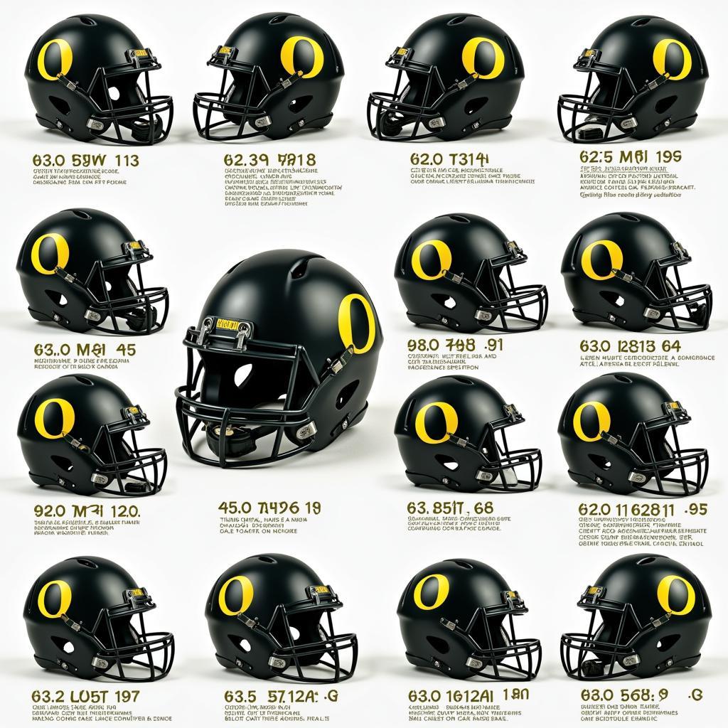 Different variations of Oregon Ducks black helmets