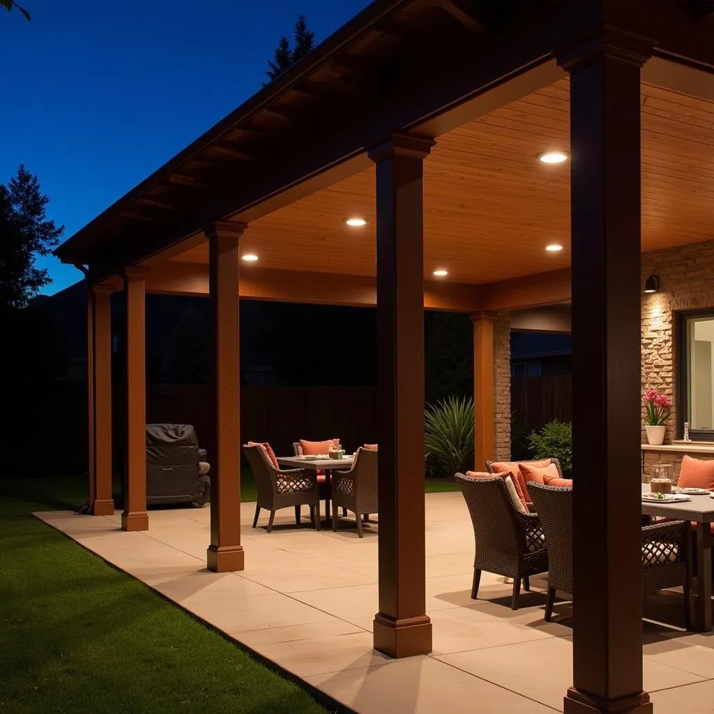 Outdoor can lights illuminating a patio