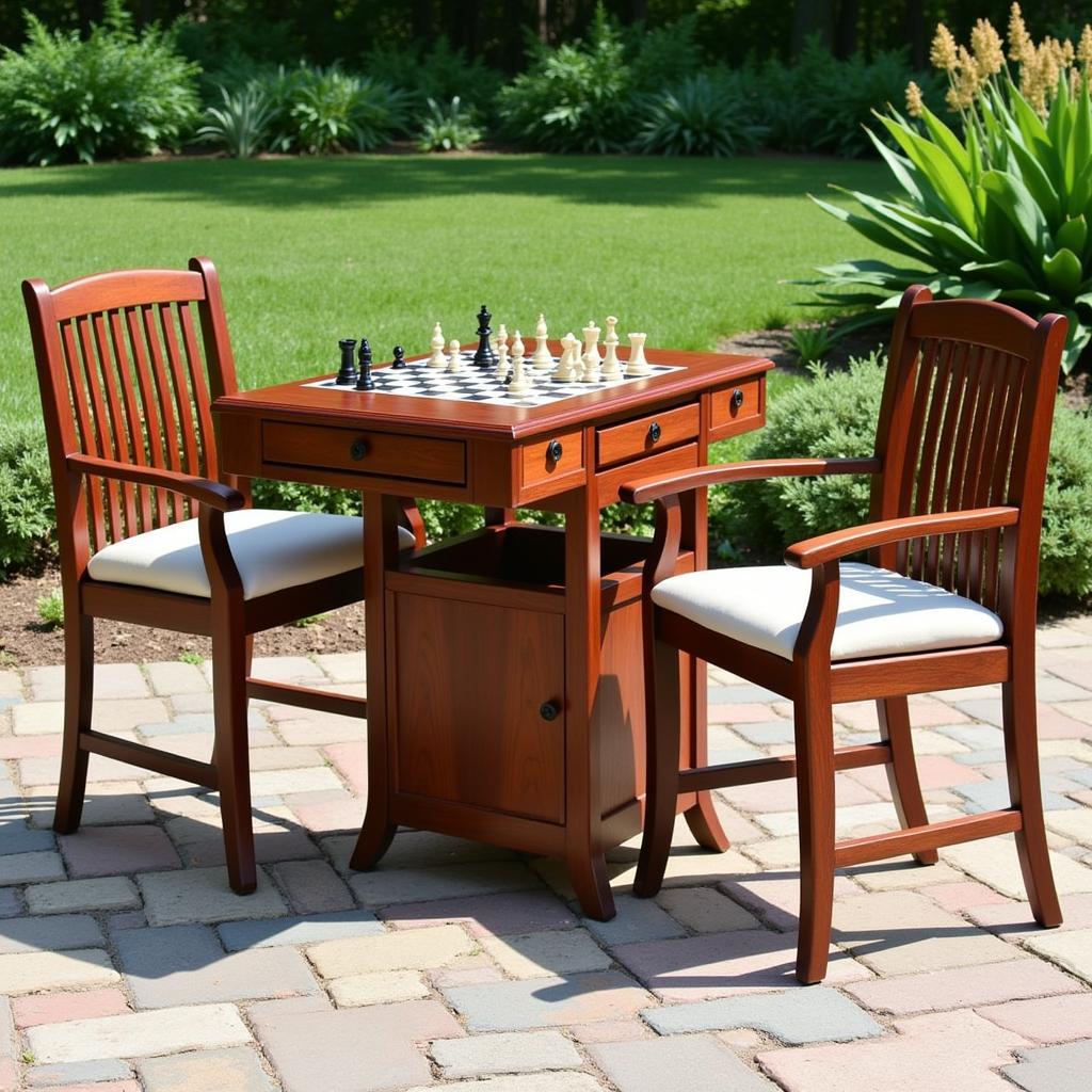 A classic outdoor chess table and chairs set nestled in a lush garden setting.