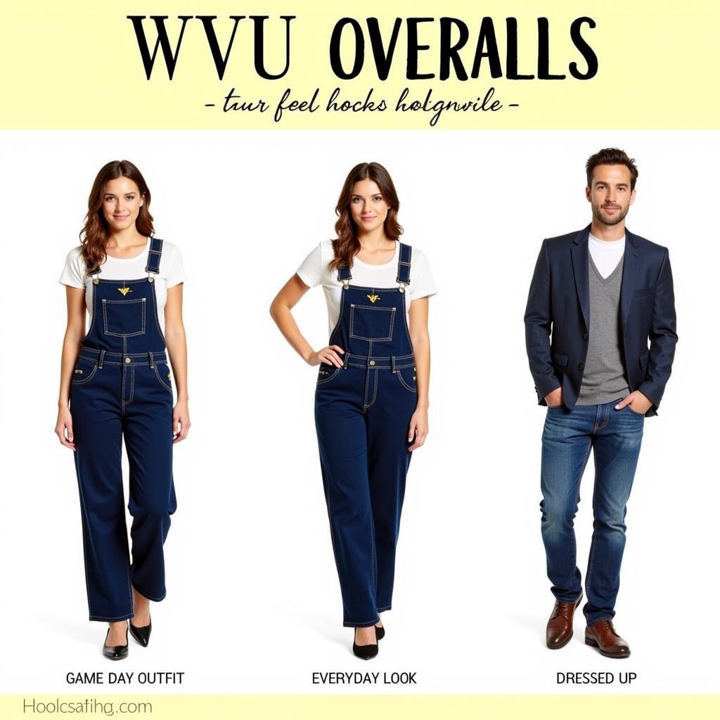 Three different outfit combinations with WVU overalls