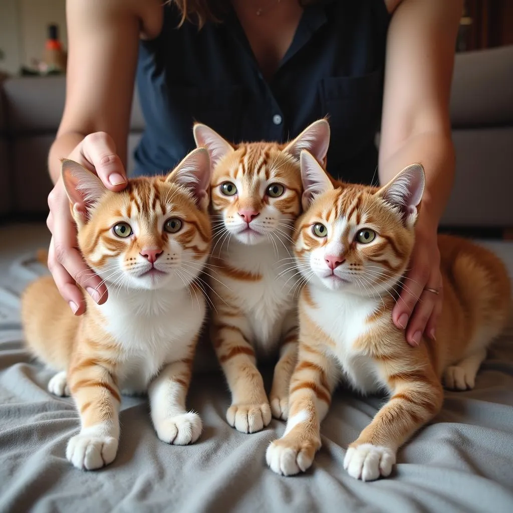 A Cat Owner Sharing a Heartwarming Moment with Three Content Cats