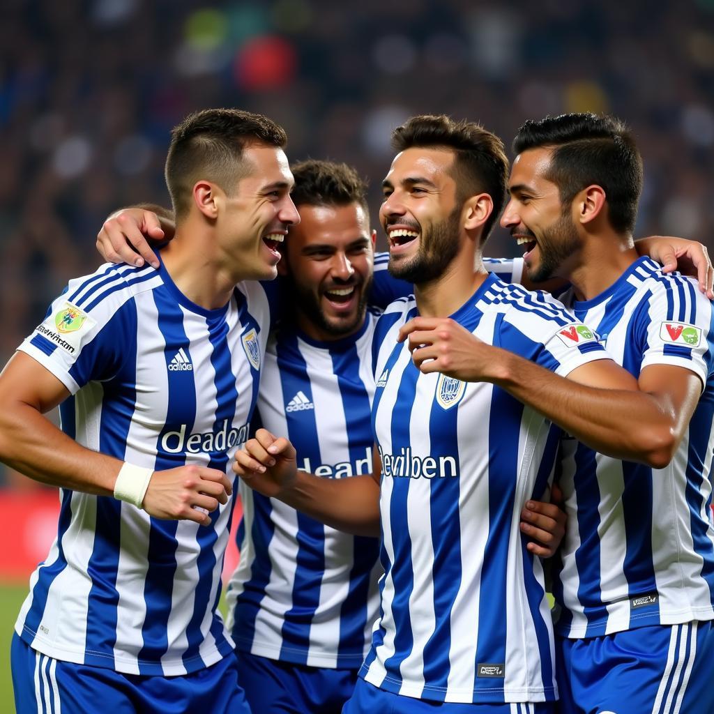 Pachuca Players Celebrate a Goal in their Striped Jerseys