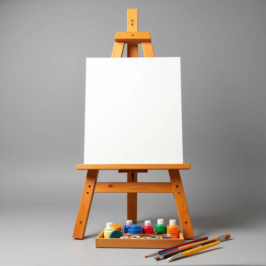 Wooden easel with paint kit and brushes