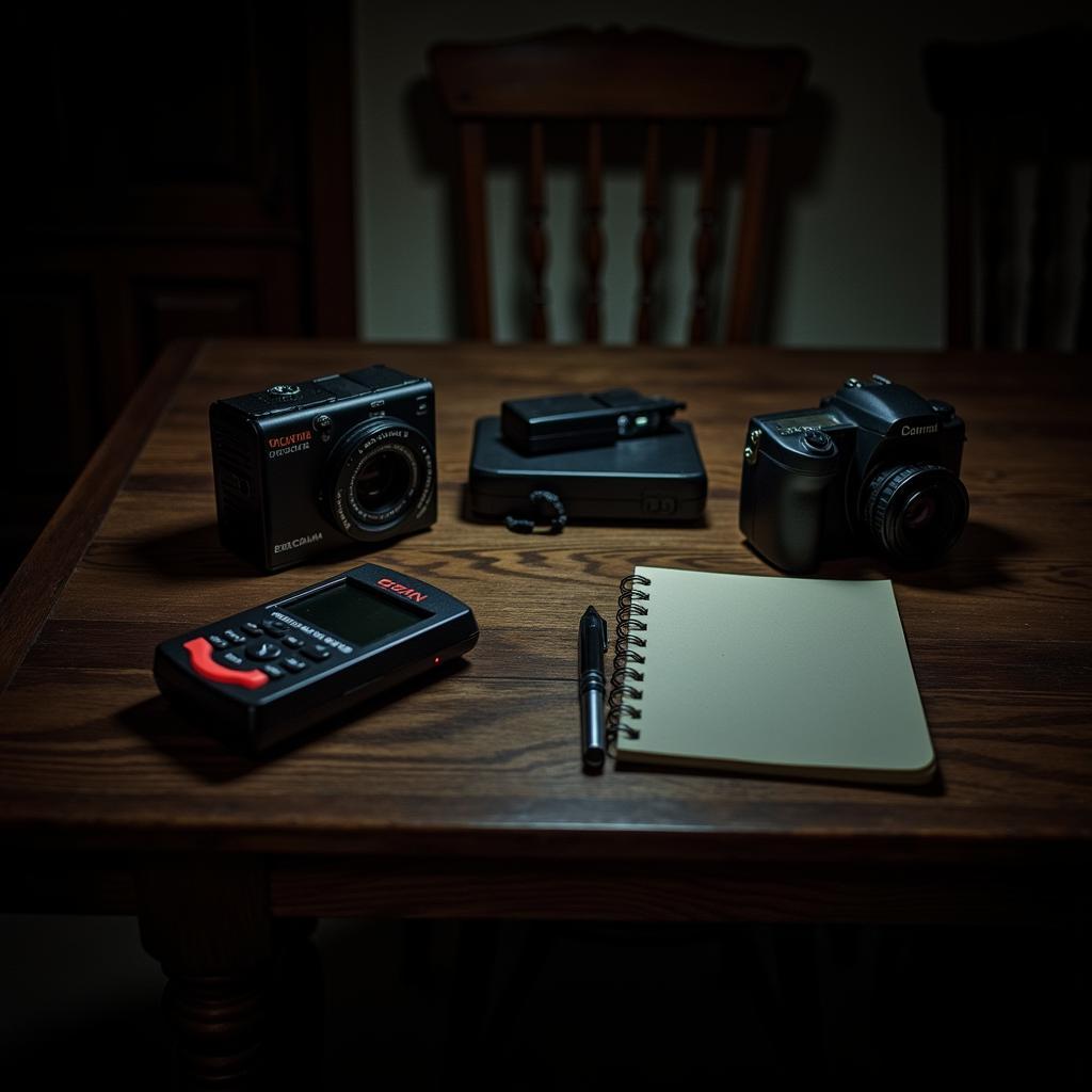 Paranormal investigation equipment displayed on a table