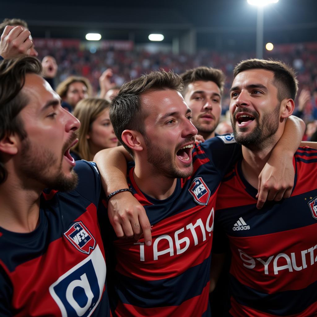 A group of ecstatic football fans celebrating a victory