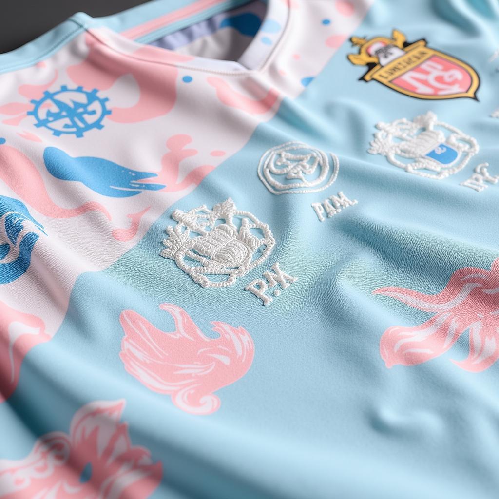 Close-up of a pastel football kit, highlighting design elements.