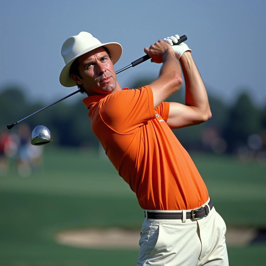 Payne Stewart in full swing, showcasing his signature style.