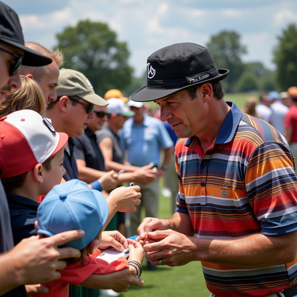 Payne Stewart interacts with fans, signing autographs while wearing a bright polo shirt and his signature tam o'shanter hat.