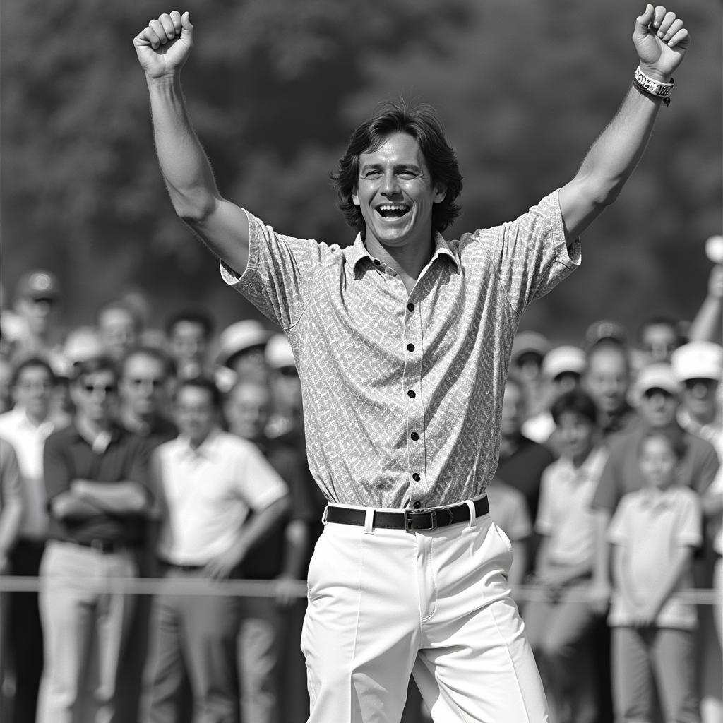 Payne Stewart celebrating a victory with his signature fist pump and beaming smile.