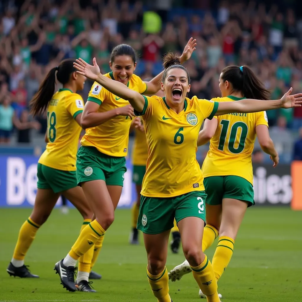 Penelope Pea celebrating a goal with her teammates