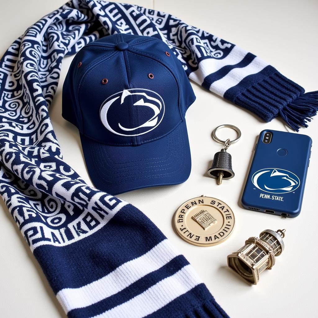 A variety of Penn State themed accessories laid out on a table.