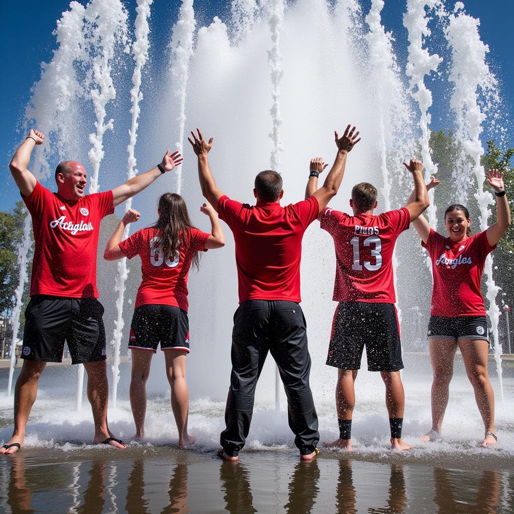 Group of people cheering and celebrating around a water fountain