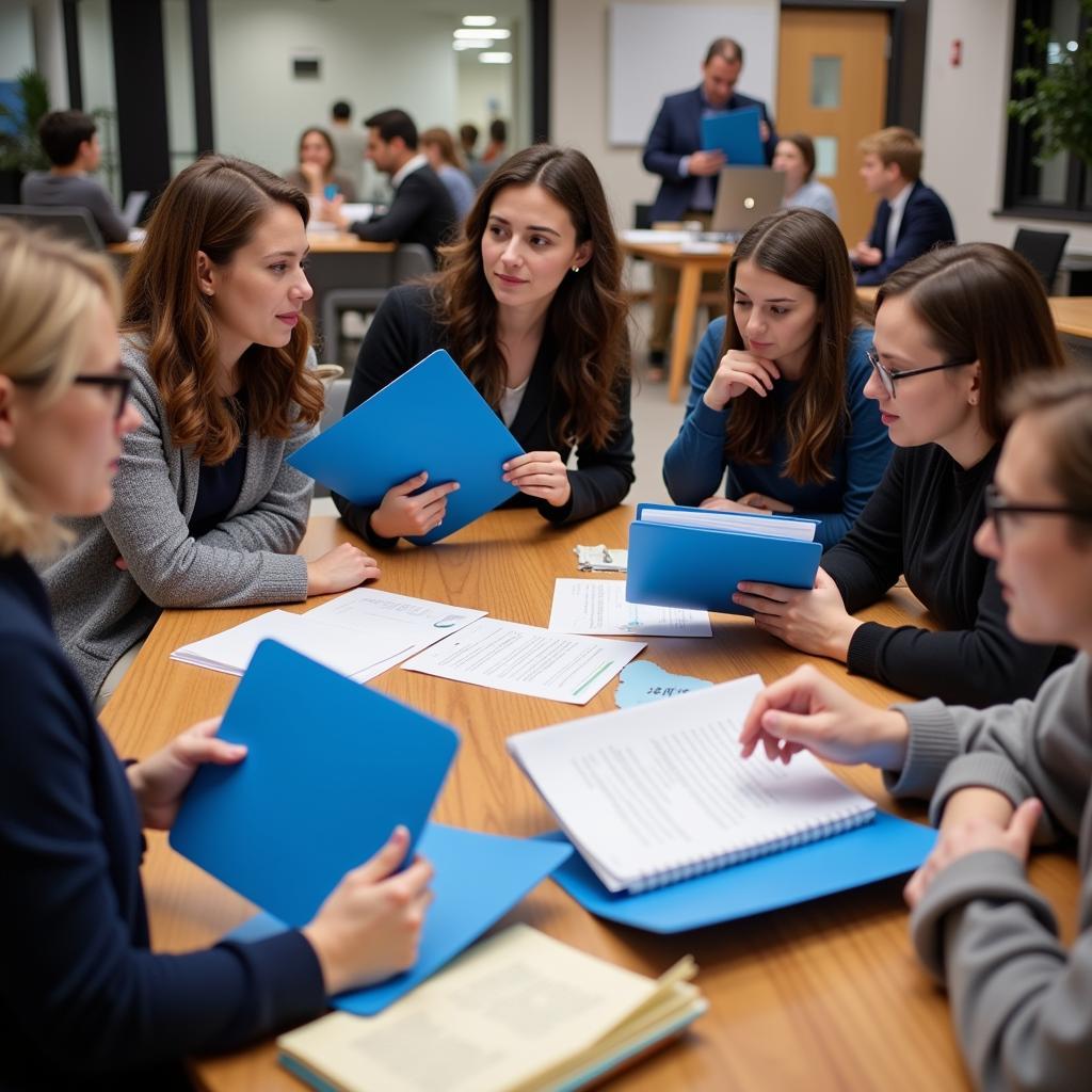 Team meeting: Brainstorming around a table with blue folders