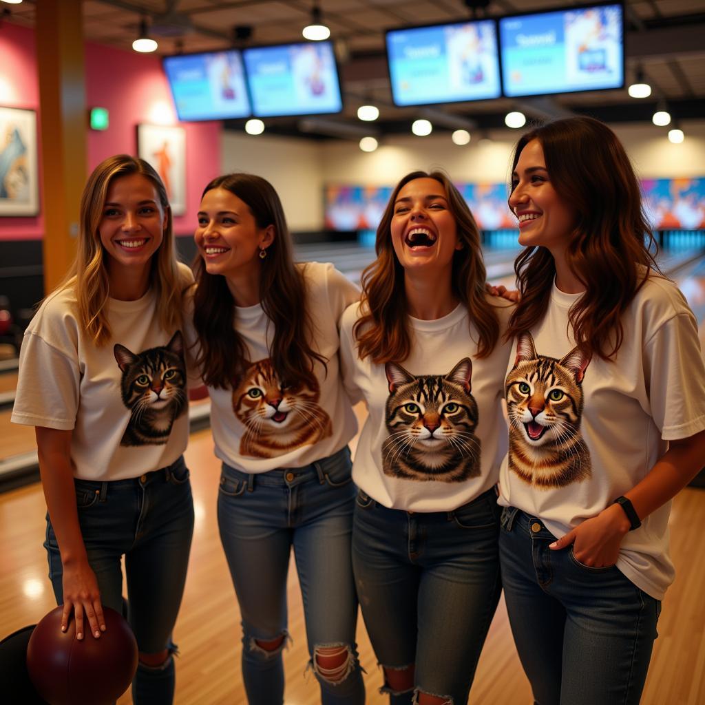 A group of friends wearing cat bowling shirts at a bowling alley, laughing and having fun.