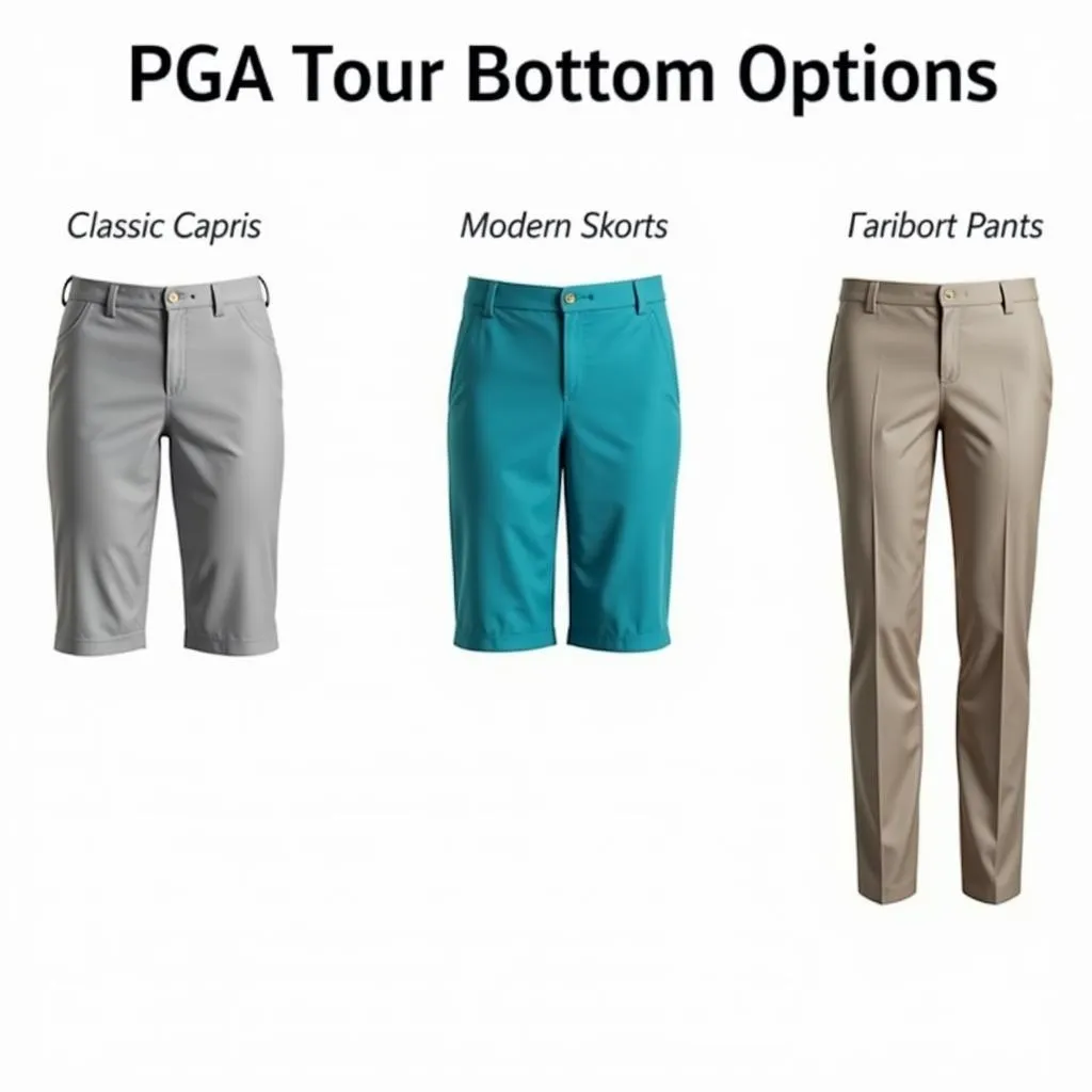 Different styles of PGA Tour ladies golf bottoms - capris, skorts, and pants